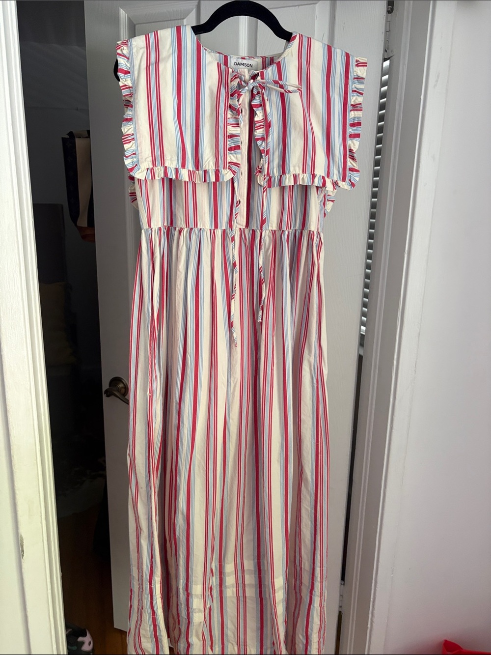 Damson madder  Cream Striped Midi Dress with Red & Blue Stripes